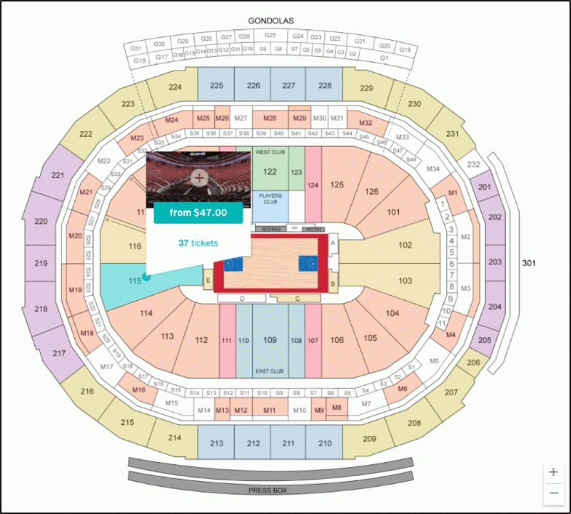 StubHub’s ticket selection interface. Note that when you roll over any given section, a view of the floor is available as well as the price range and remaining tickets. Annotation in the main map is minimal but is available in a legend to the left of the diagram.