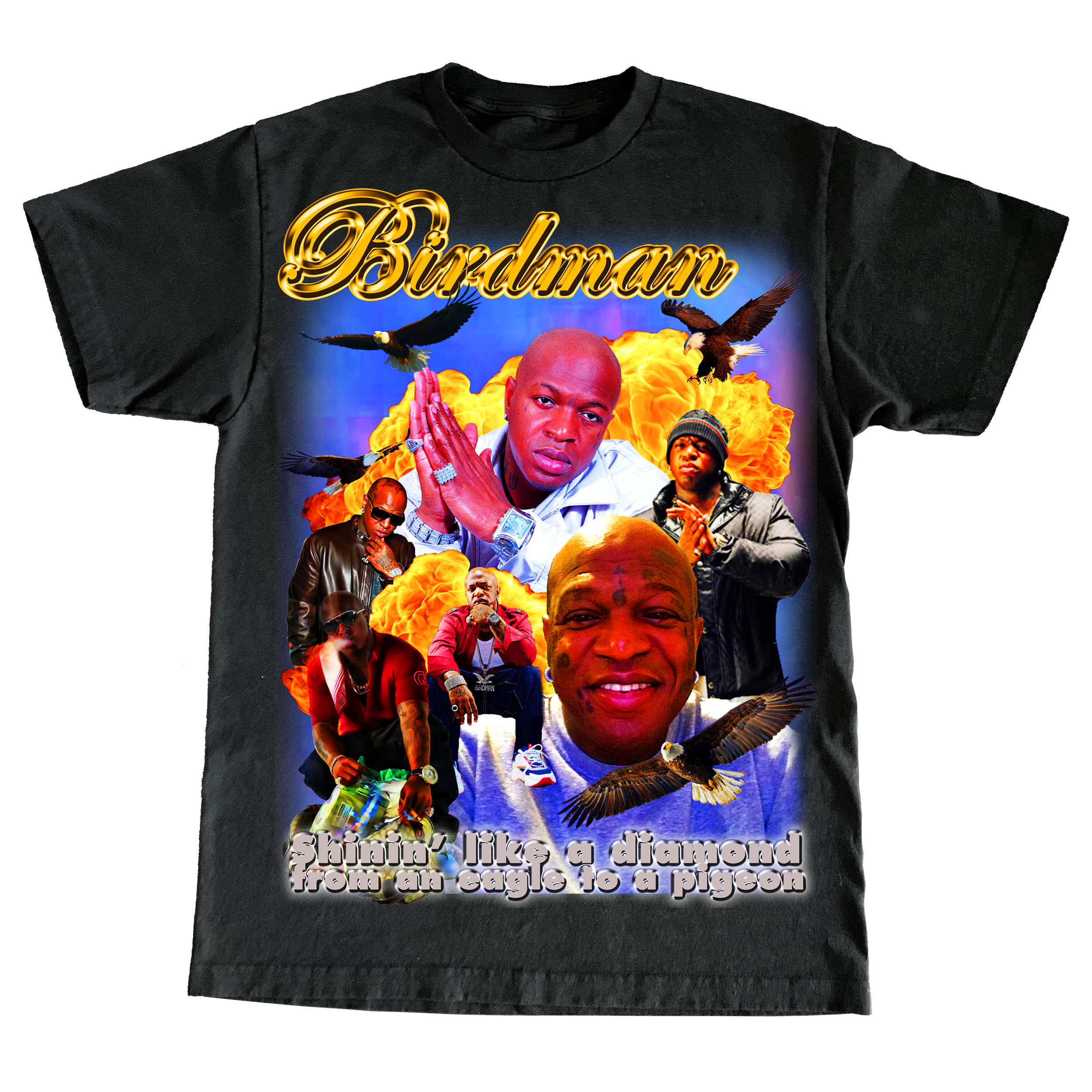 “Vintage 2003 Birdman t shirt” the graphic was inspired the podcasts love of Birdman as well as the amazing rap tees of back then! The back features every episode of the podcast!