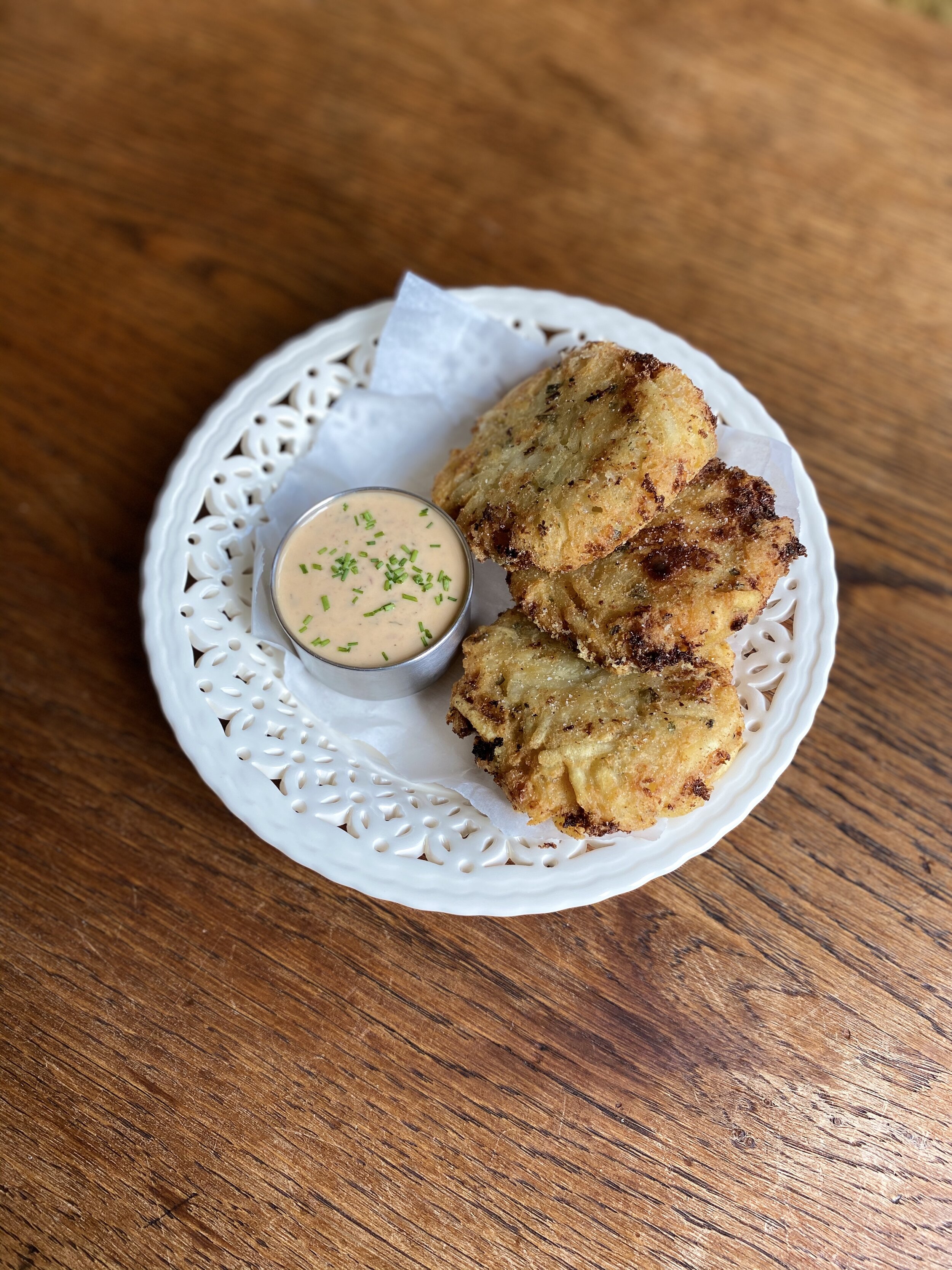 PLANT-BASED FETA & CHIVE POTATO CAKES