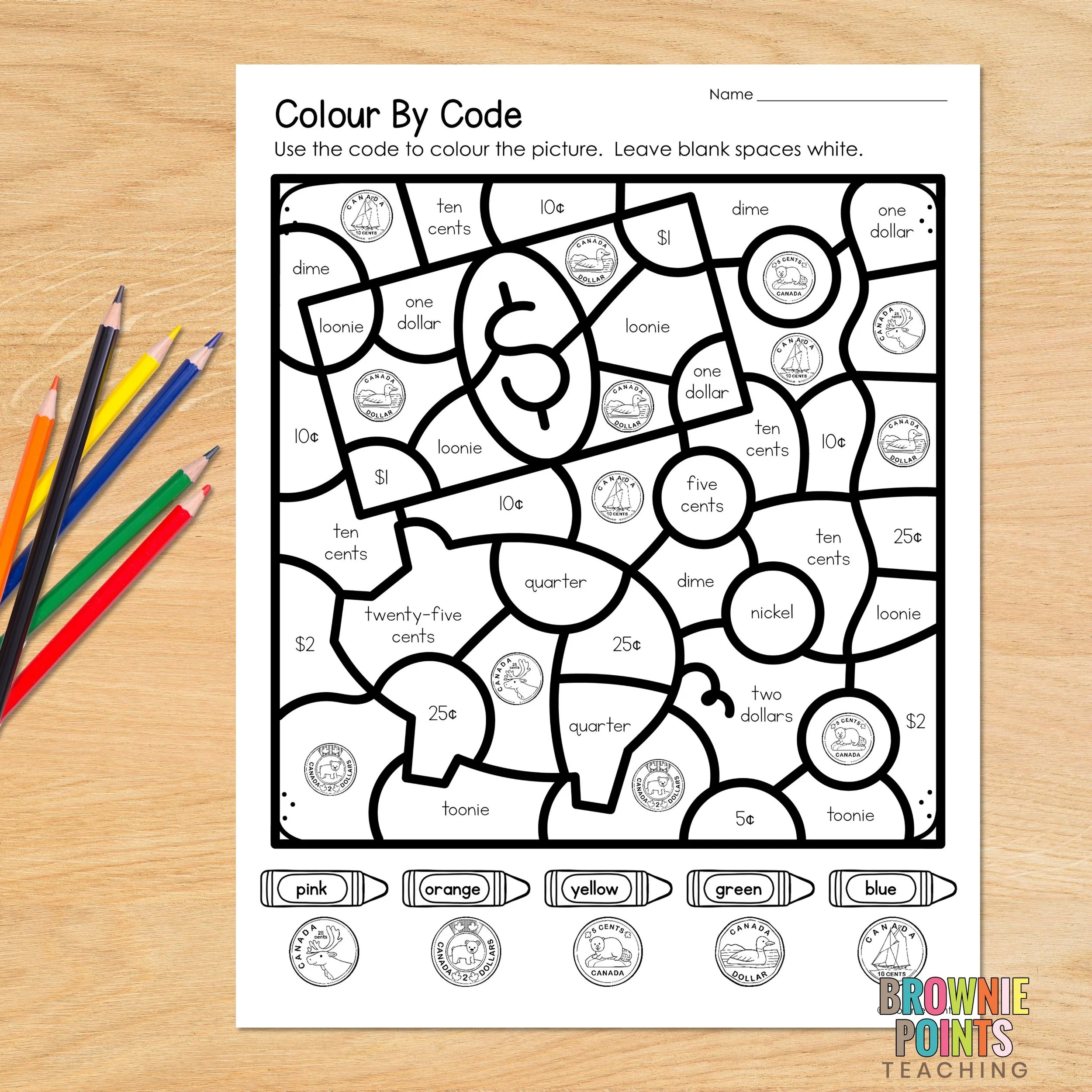 A colour by code worksheet on a desk with pencil crayons