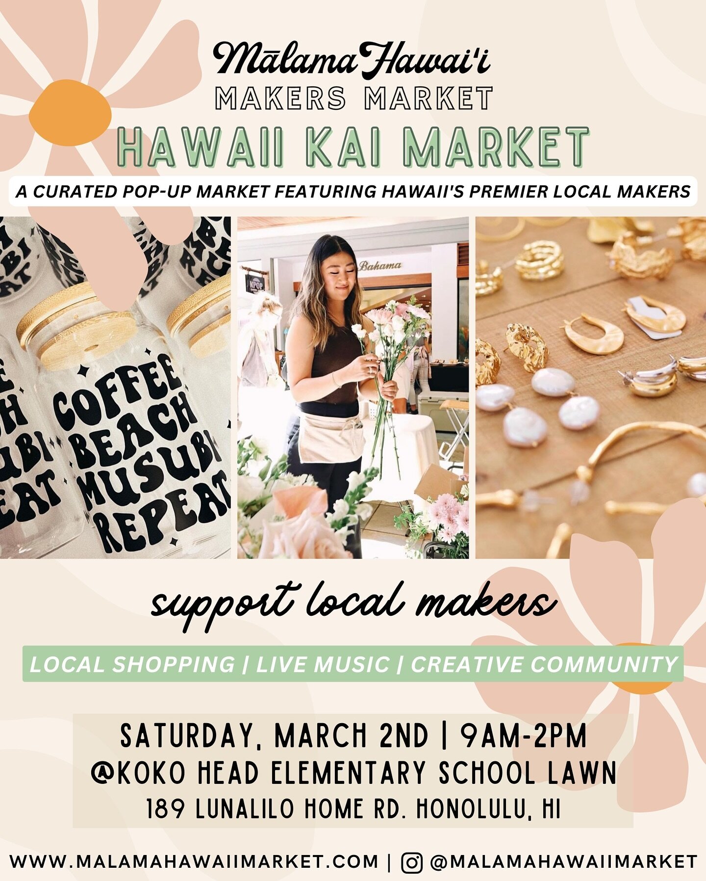 Our first market of the 🌷Spring Season 🌷 only one week away!

Join us on Saturday, March 2nd at Koko Head Elementary School Lawn to shop + support nearly 50 local makers showcasing unique and one of a kind goods! 🌞

From etched glassware by @her.a