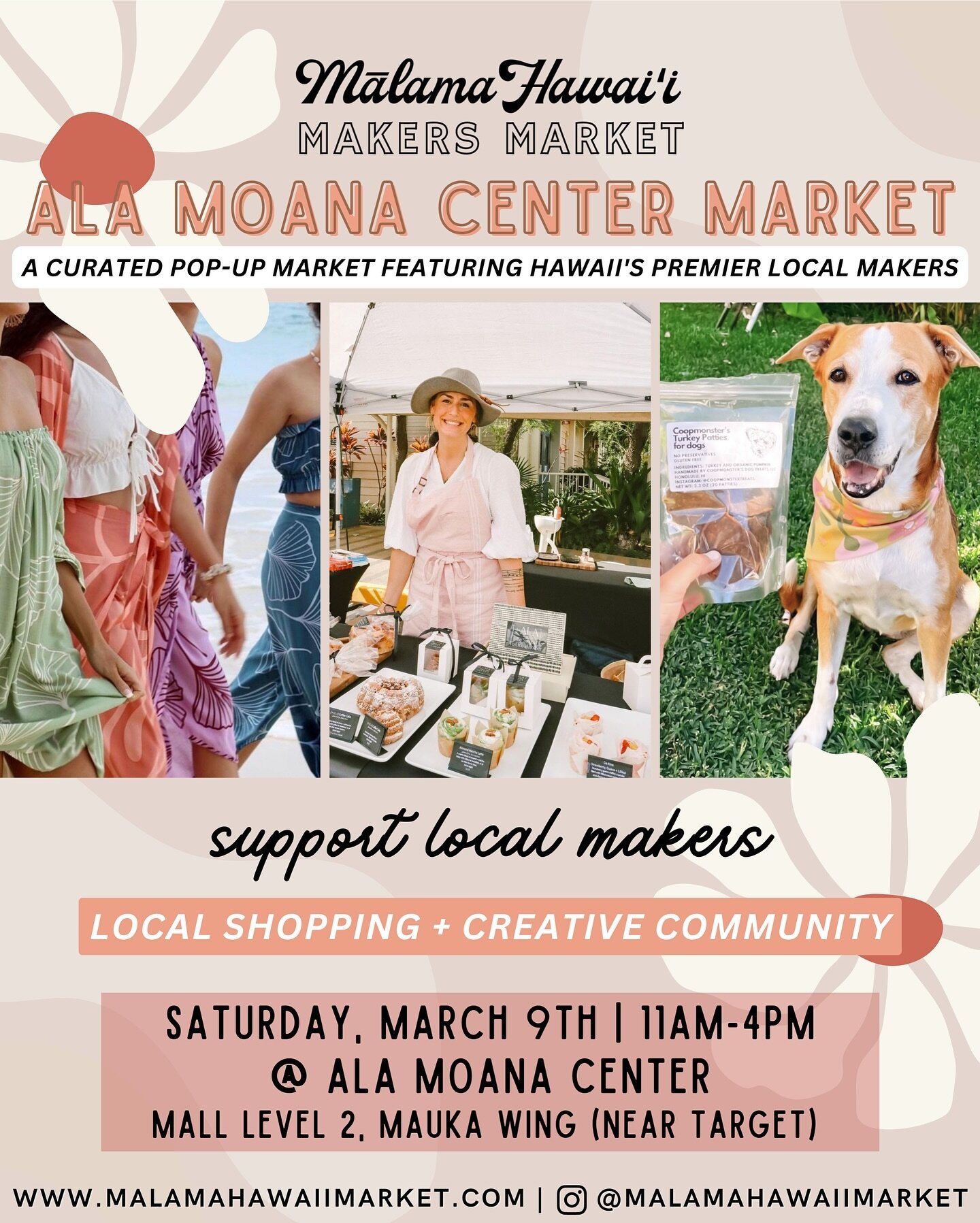 UP NEXT! ⬆️💗💐🌷🌼

Save the date for our largest pop-up market location featuring over 50 highly curated makers! This Saturday, March 9th @alamoanacenter 📍

Our celebrated Ala Moana Center Market is located on Mall Level 2, Mauka Wing (near Target