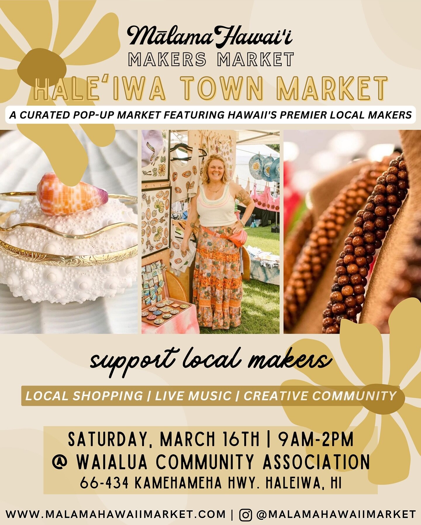 Hale&lsquo;iwa Town were comin for ya! 🌼💛💐

Join us at our last market of March &amp; help us ring in the start of the spring season &mdash; THIS SATURDAY, March 16th @ Waialua Community Association! 💐🌷🌻

A fresh lineup of nearly 40 of Hawaii&r