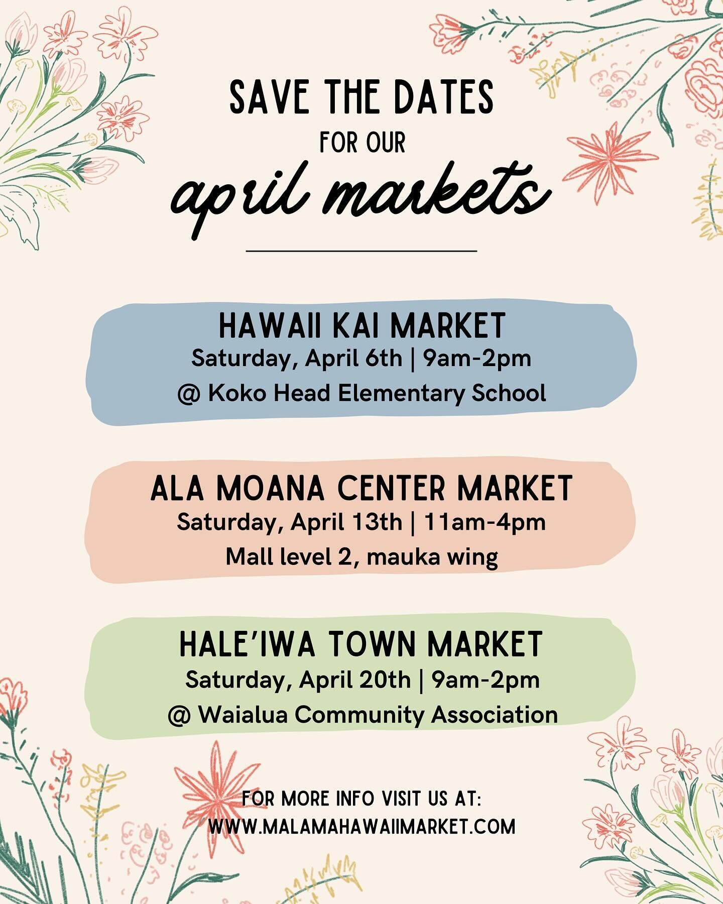 SPRING HAS SPRUNG 🌷🌻🌹🪻

Save the dates for our 〰️APRIL MARKETS〰️ in Hawai&lsquo;i Kai, Ala Moana Center, &amp; Hale&lsquo;iwa Town! 🗓️

Join us as we gather with over 130+ artists and makers from across Hawai&lsquo;i all month long! Each market 