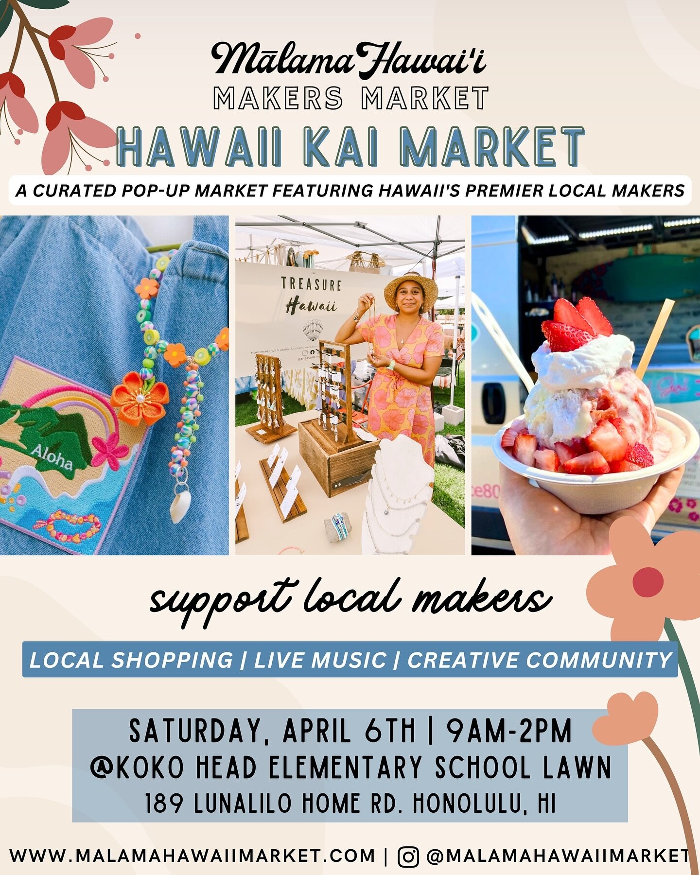 〰️ SAVE THE DATE 〰️

Join us for our next Hawai&rsquo;i Kai Market THIS SATURDAY, April 6th! 🐣🪷🌸

Browse &amp; shop from over 45 curated makers, artists, and creative small businesses, enjoy live music by up &amp; coming musicians, and grab a bite