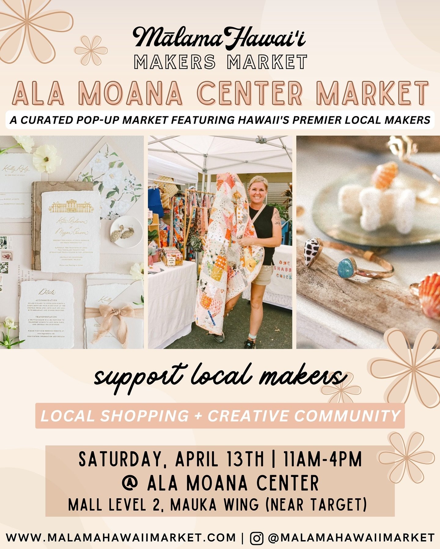 Our Ala Moana Center Market is up next, THIS SATURDAY &mdash; April 13th! 💕💐

Our Ala Moana Center location is our largest market of the month that features over 50 makers, artists, designers, and creative craftspeople showcasing their unique, high