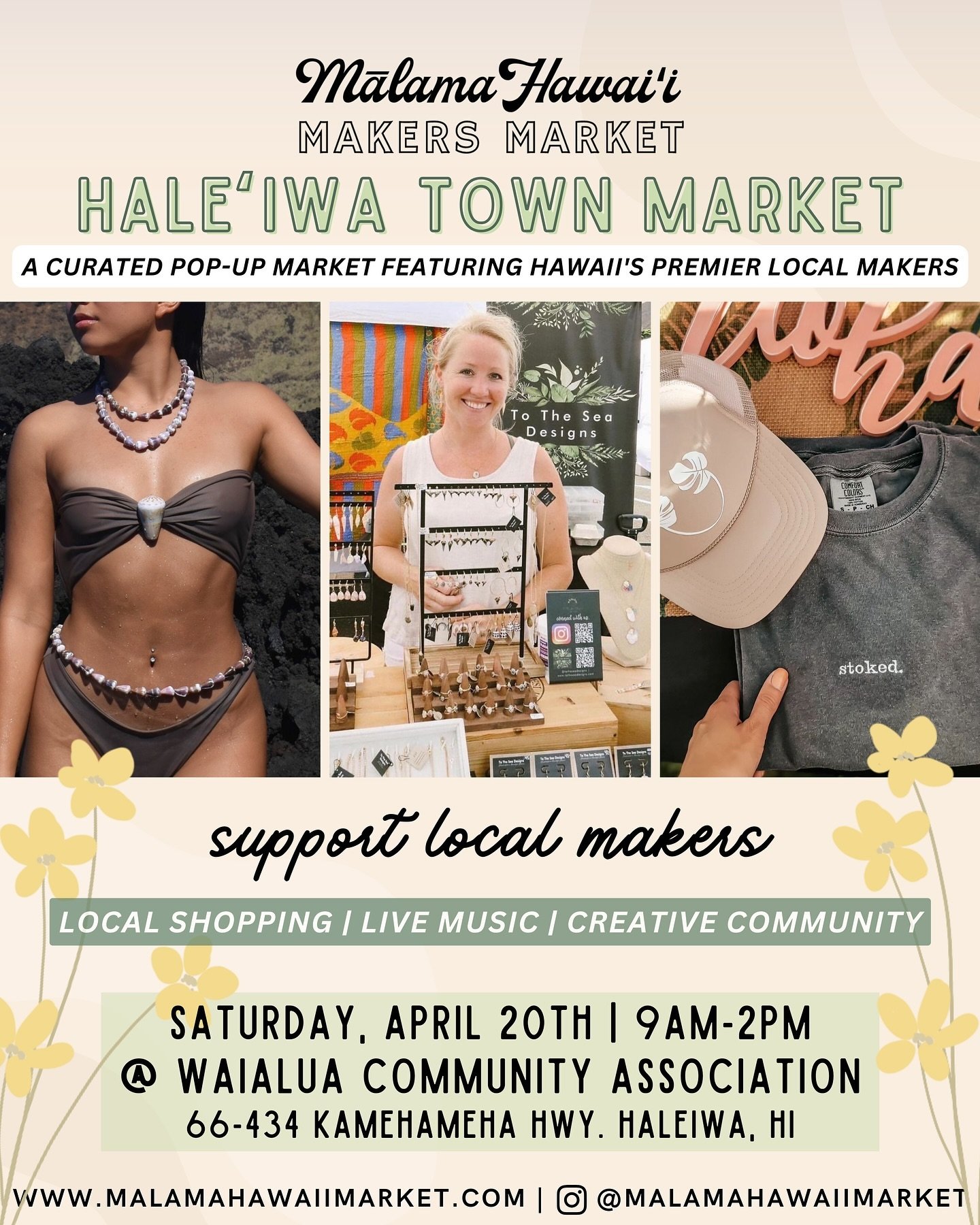 Join us on the beautiful North Shore of O&rsquo;ahu at our Hale&lsquo;iwa Town Market THIS SATURDAY, April 20th!🌴

Our market is located in the heart of Historic Hale&lsquo;iwa Town @ Waialua Community Association and will showcase over 40 amazingly