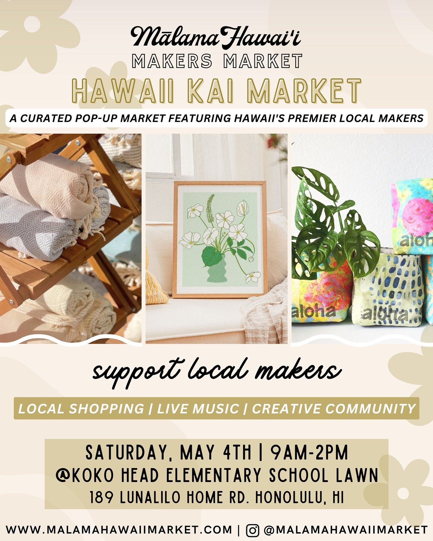 Our 🌴HAWAII KAI MARKET🌴 is up next &mdash; This Saturday, May 4th @ Koko Head Elementary School Lawn from 9am-2pm!

Discover our curated lineup of over 45 talented makers &amp; creators 〰️ showcasing high-quality, Hawaii-made goods! 🛍️

From super
