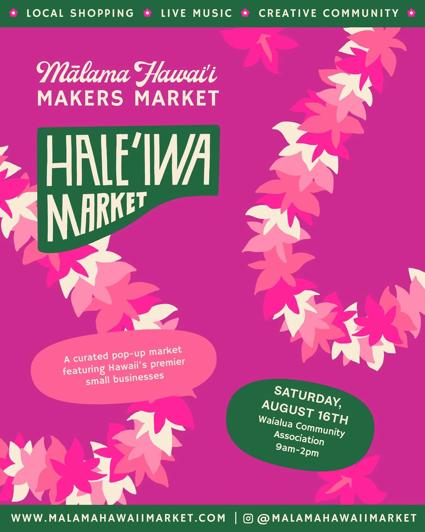 SAVE THE DATE! 🩷 Our final August Market is this Saturday, August 16th in Haleiwa Town! 📍

Join us as we pop up in the heart of Historic Haleiwa Town with a curated lineup of Hawaii&rsquo;s premier small businesses! ✨

Each of our markets feature a