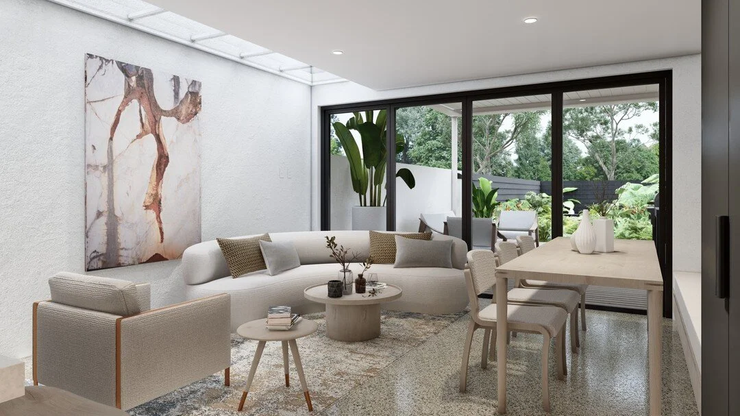 | NORTH SYDNEY |

Tight spaces call for considered design.

In our North Sydney semi, we kept to neutral colours in the living room and introduced banquette seating for the dining table (which also doubled as an additional storage solution).

The lay