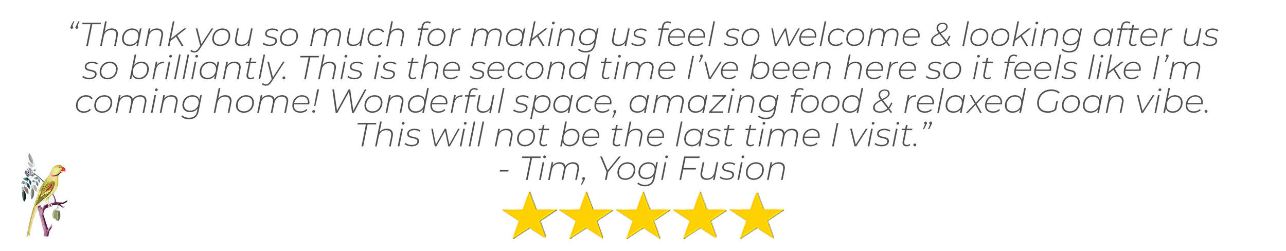 A five star review for Lua Cheia from yoga retreat leader Tim