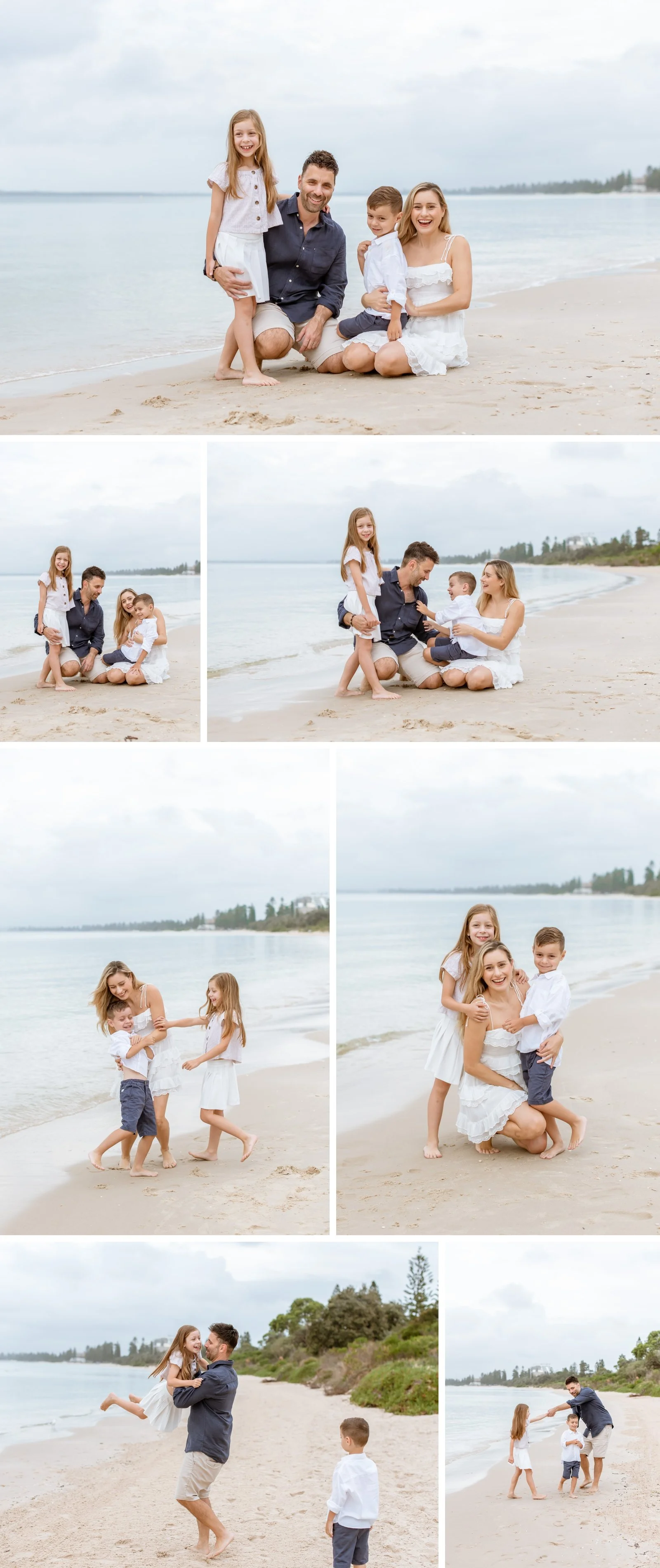photos of a family with young children getting family photos on the beach