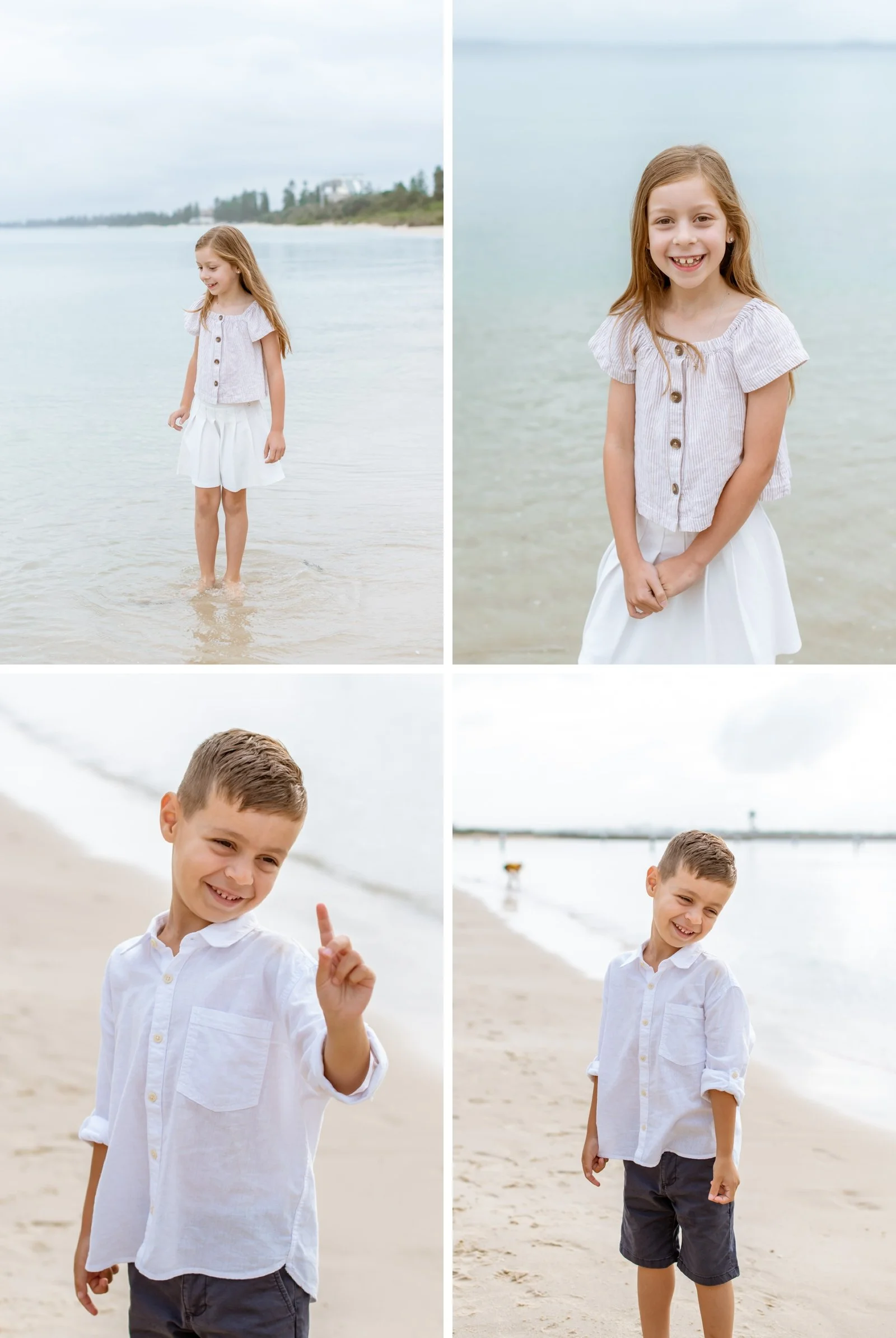 photos of a young girl and young boy getting family photos on the beach