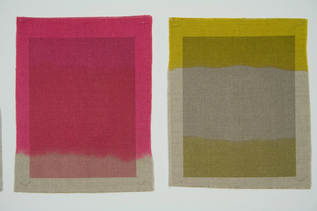 Three Quarter Passes, magenta, yellow, 2012. Inkjet ink used as dye, inkjet print on canvas, 21 x 25 cm