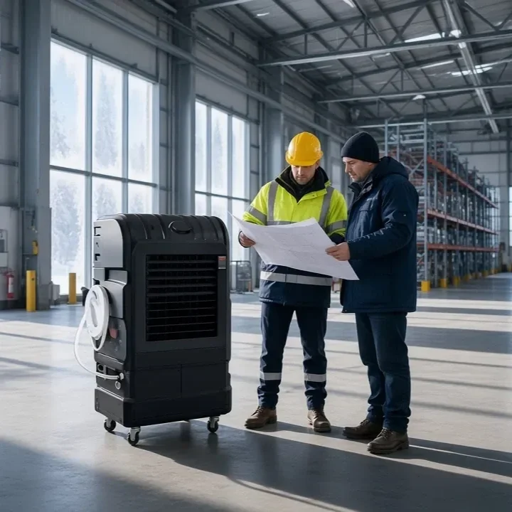 Rafraîchisseur d'air AMATIS dans un entrepôt en hiver, pour préparer l'été 2027