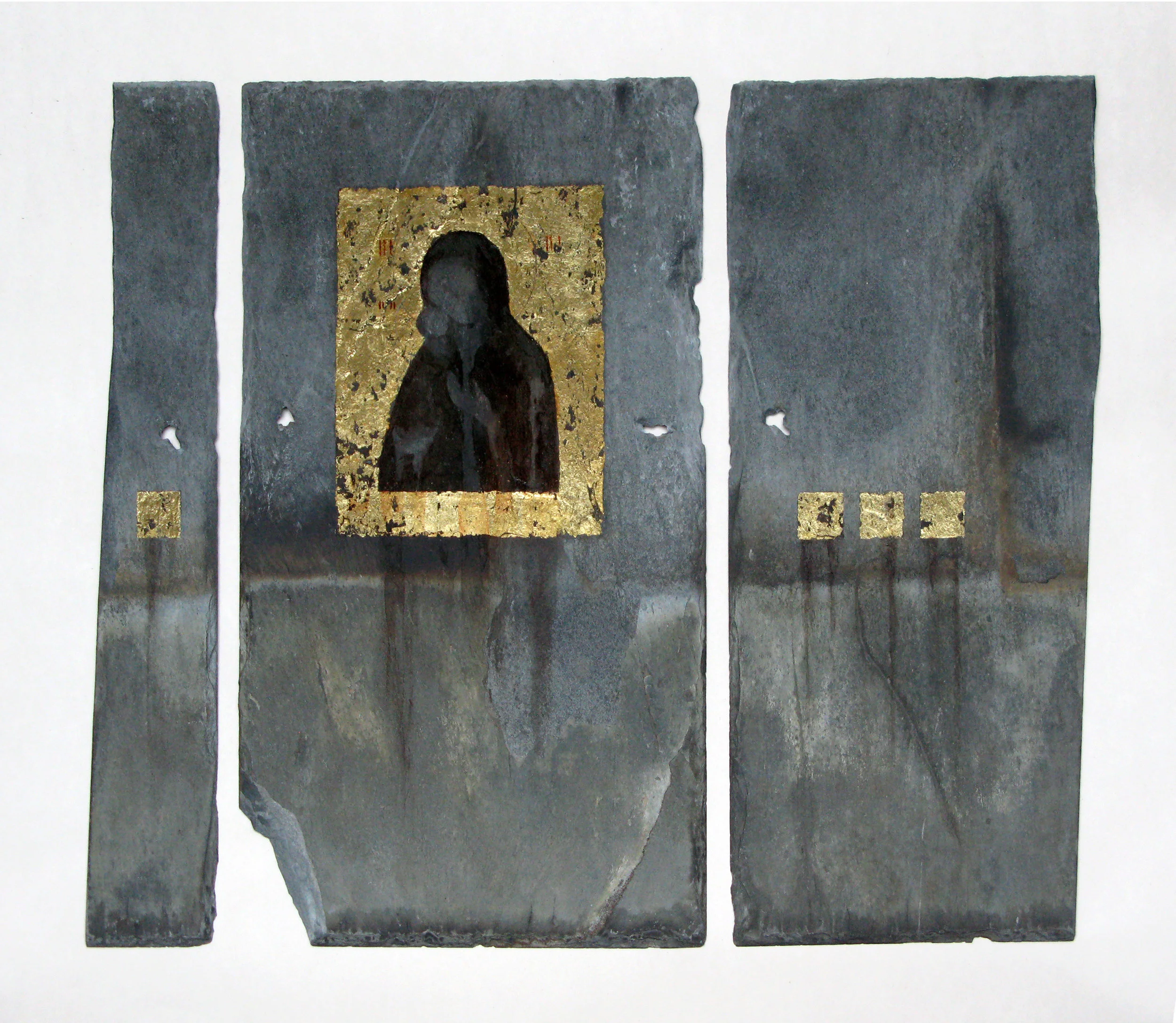 Madonna, slate tile, blood, ashes, gold leaf, 18 x 21 inches, 2010.