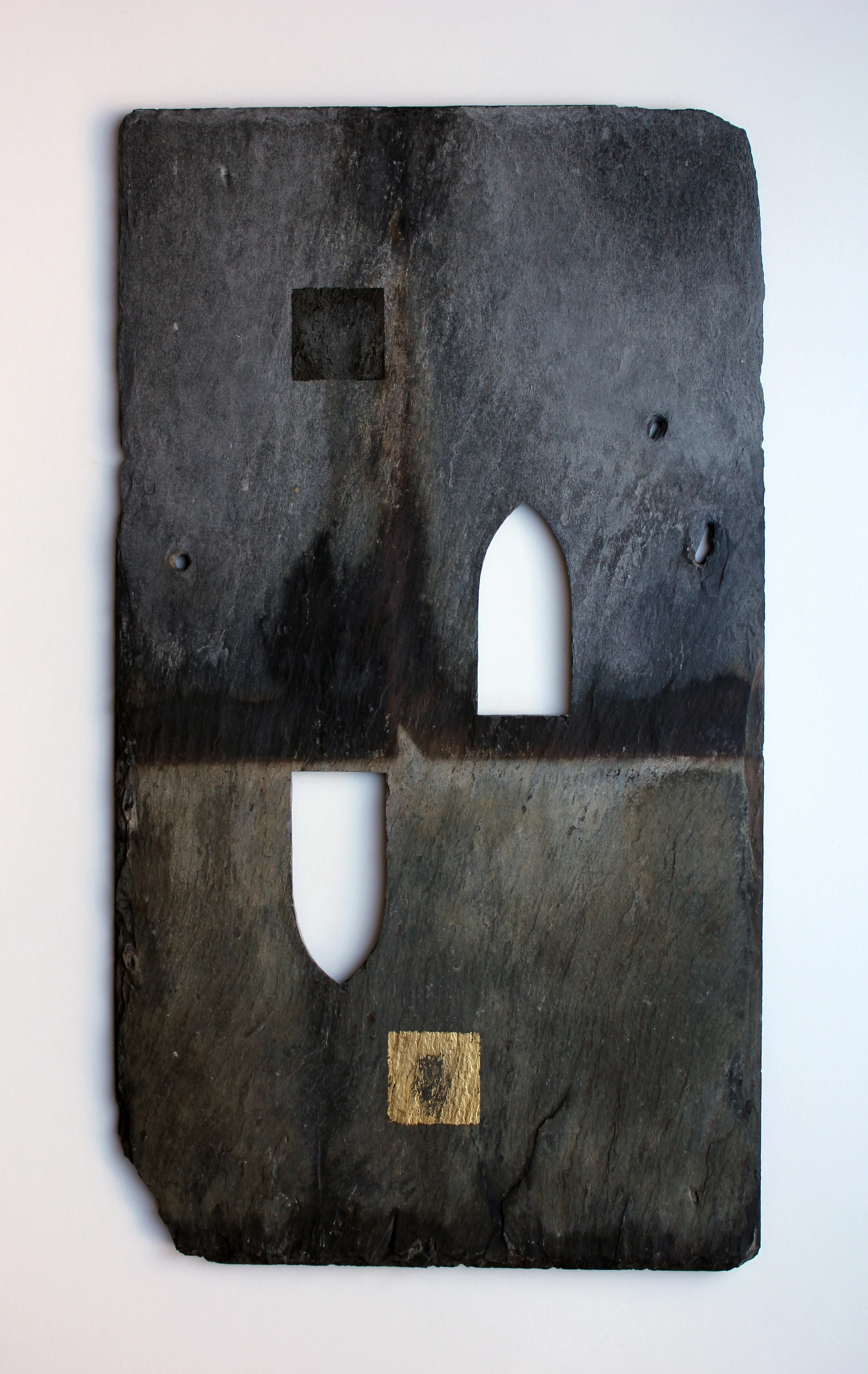 Elegy, slate tile, blood, ashes, gold leaf, 18 x 10 inches, 2011.