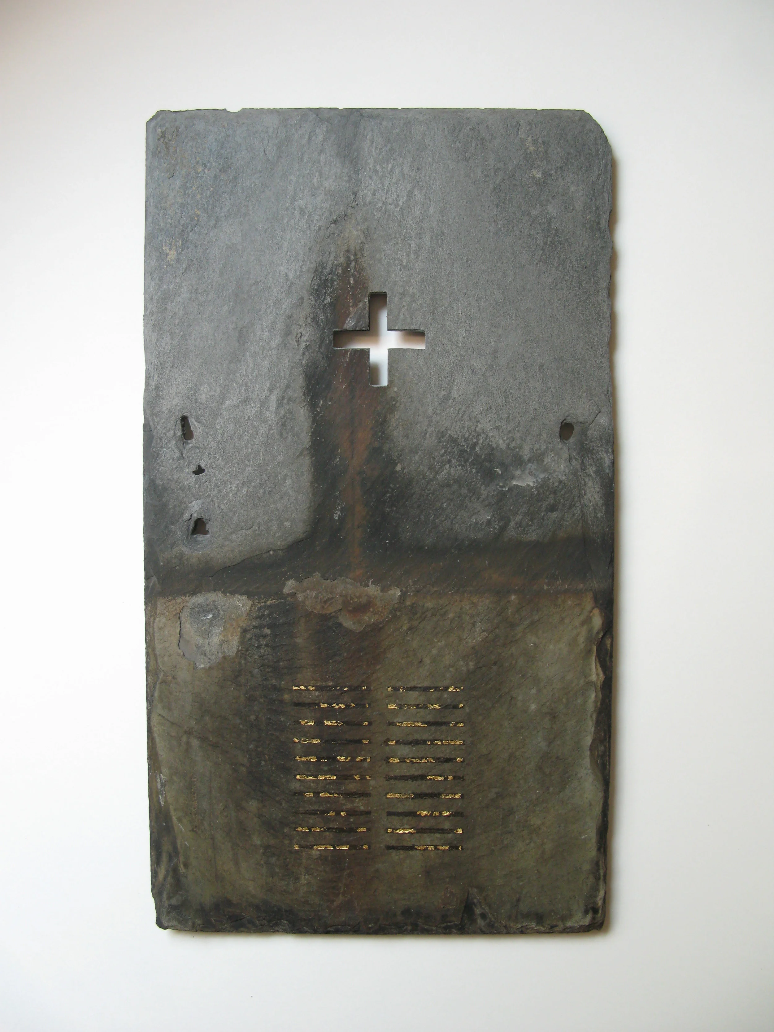 Stone Poetry, slate tile, blood, ashes, gold leaf, 18 x 10 inches, 2010.