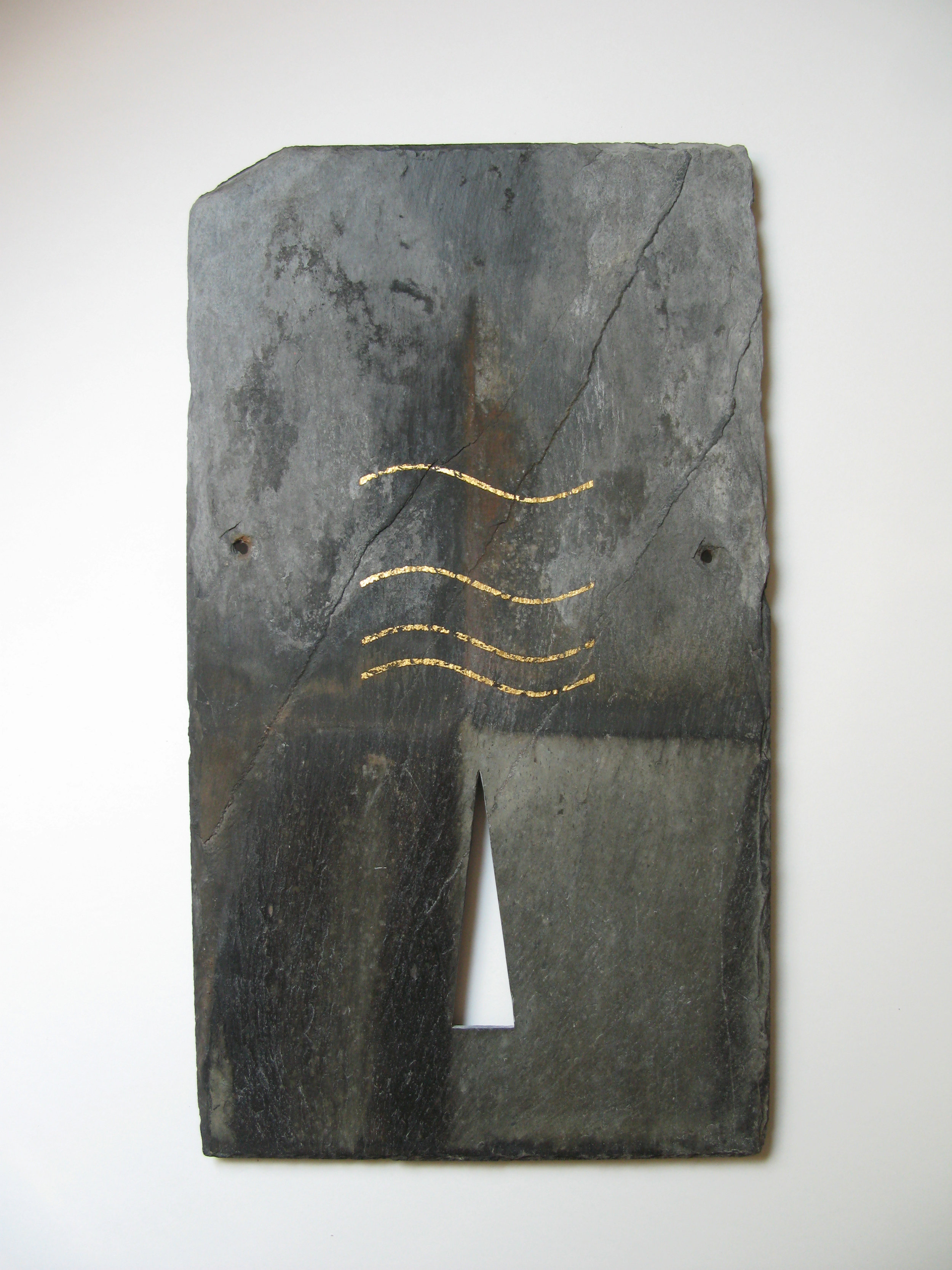 Rising, slate tile and gold leaf, 18 x 10 inches, 2010.