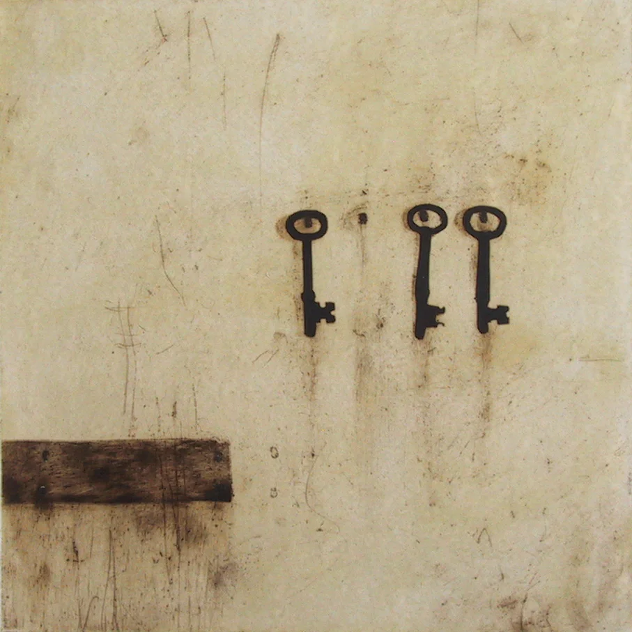 Three Keys, rust and beeswax on paper, 13 x 13, 2006.