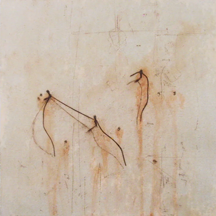 Tie, rust and beeswax on paper, 13 x 13 inches, 2006.