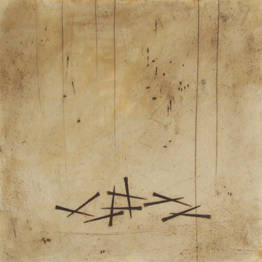 Scatter, rust and beeswax on paper, 13 x 13 inches, 2006.