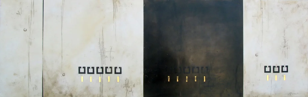 Black and Gold, ashes, rust, gold leaf, beeswax on paper on board, 44 x 14 inches, 2008.