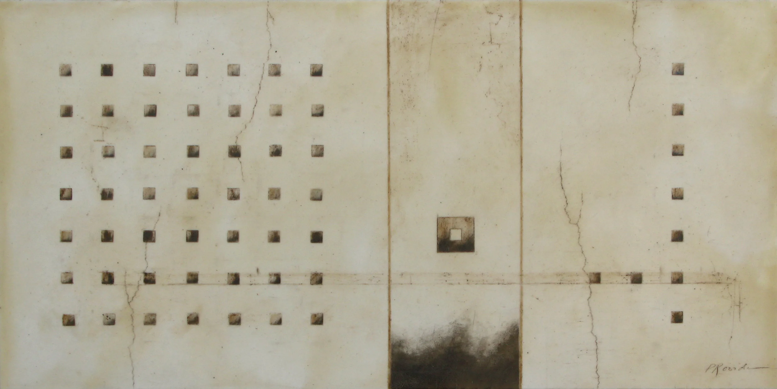 Ash Hope, ashes, rust, earth, gold leaf, beeswax, on paper on board, 28 x 14 inches, 2008.