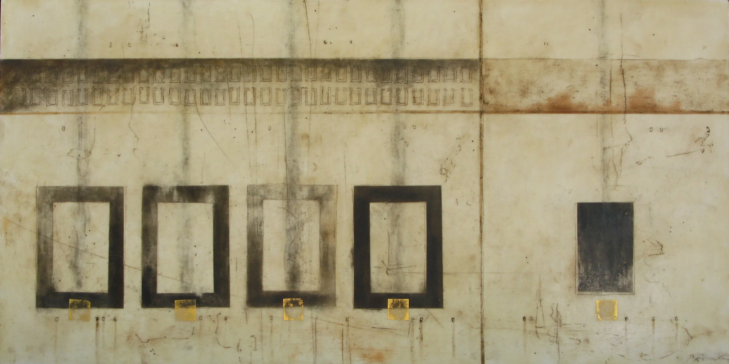 Gideon''s Fire, ashes, rust, earth, gold leaf, beeswax, on paper on board, 38 x 19 inches, 2008.
