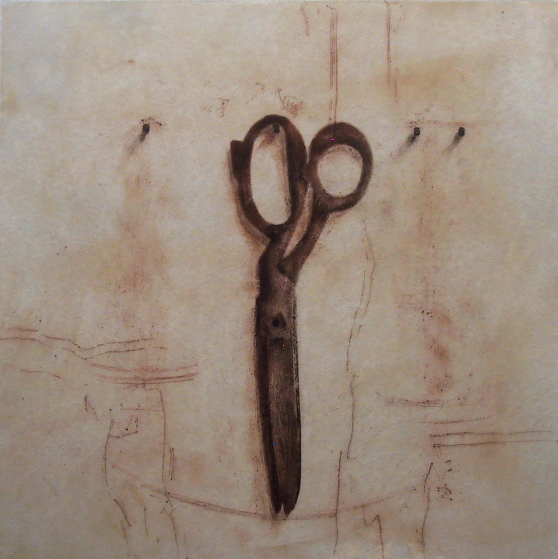 Scissors, rust and beeswax on paper, 14 x 14 inches, 2006.