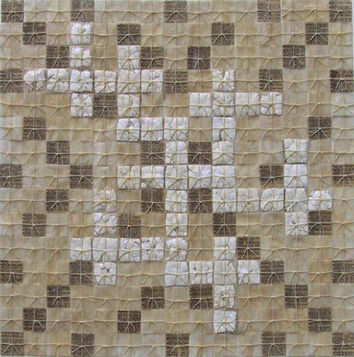 Wordgame, dictionary pages, eggshells, thread, paper, beeswax on board, 16 x 16 inches, 2004.