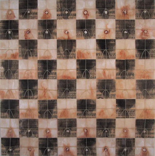 Game IV, hymnbook pages, rust, smoke, thread, paper, beeswax, on board, 16 x 16 inches, 2004.