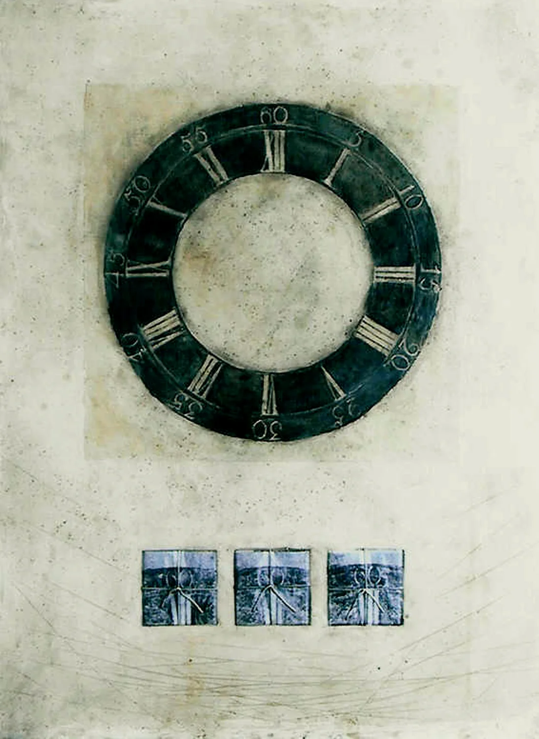 Clock III mixed media on plaster, 26 x 20 inches, 2003.