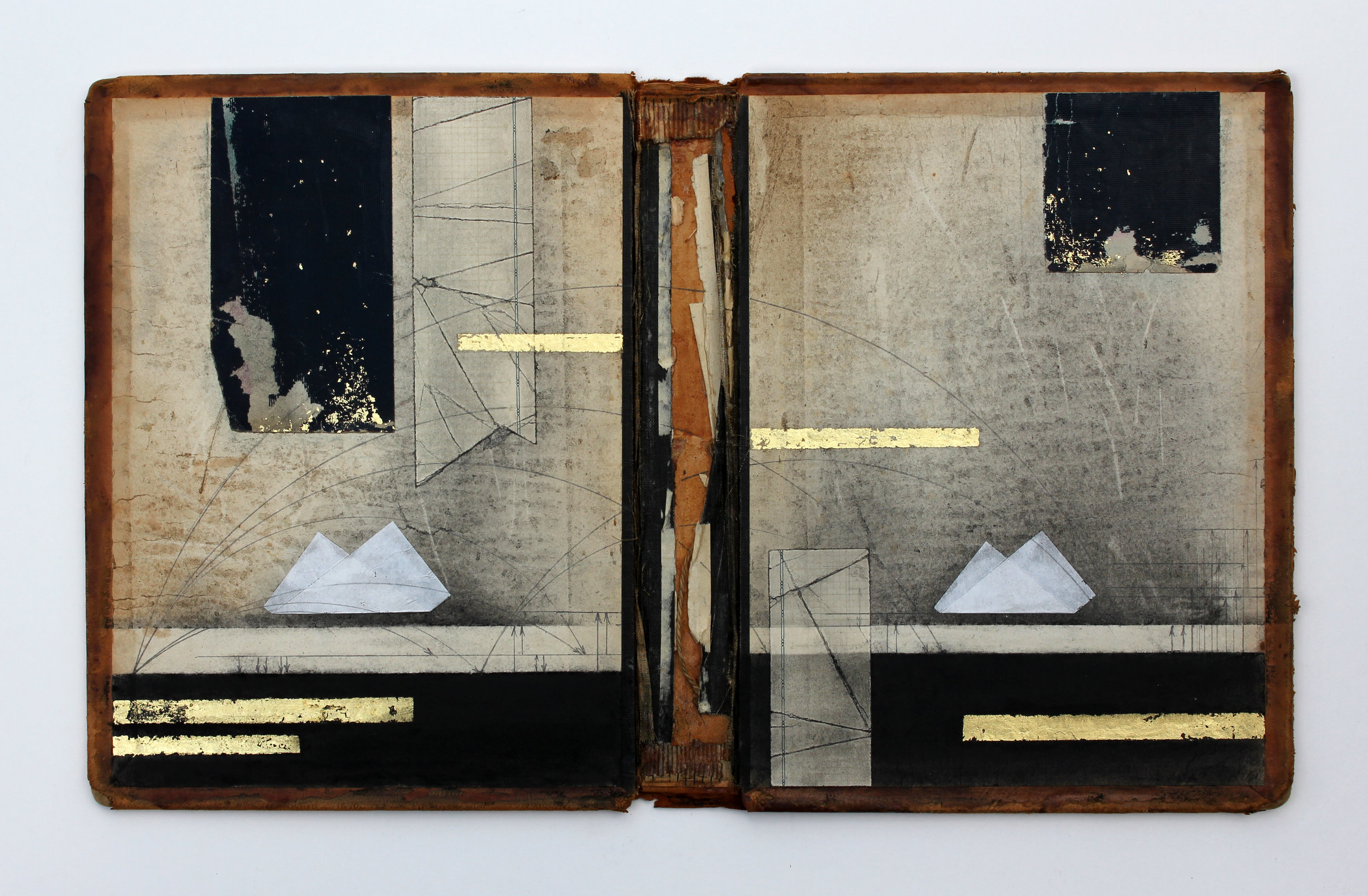 The Book of Sea and Hope, antique book cover, vintage paper, charcoal, graphite, and gold leaf, 18.5 x 11.5 inches, 2016.