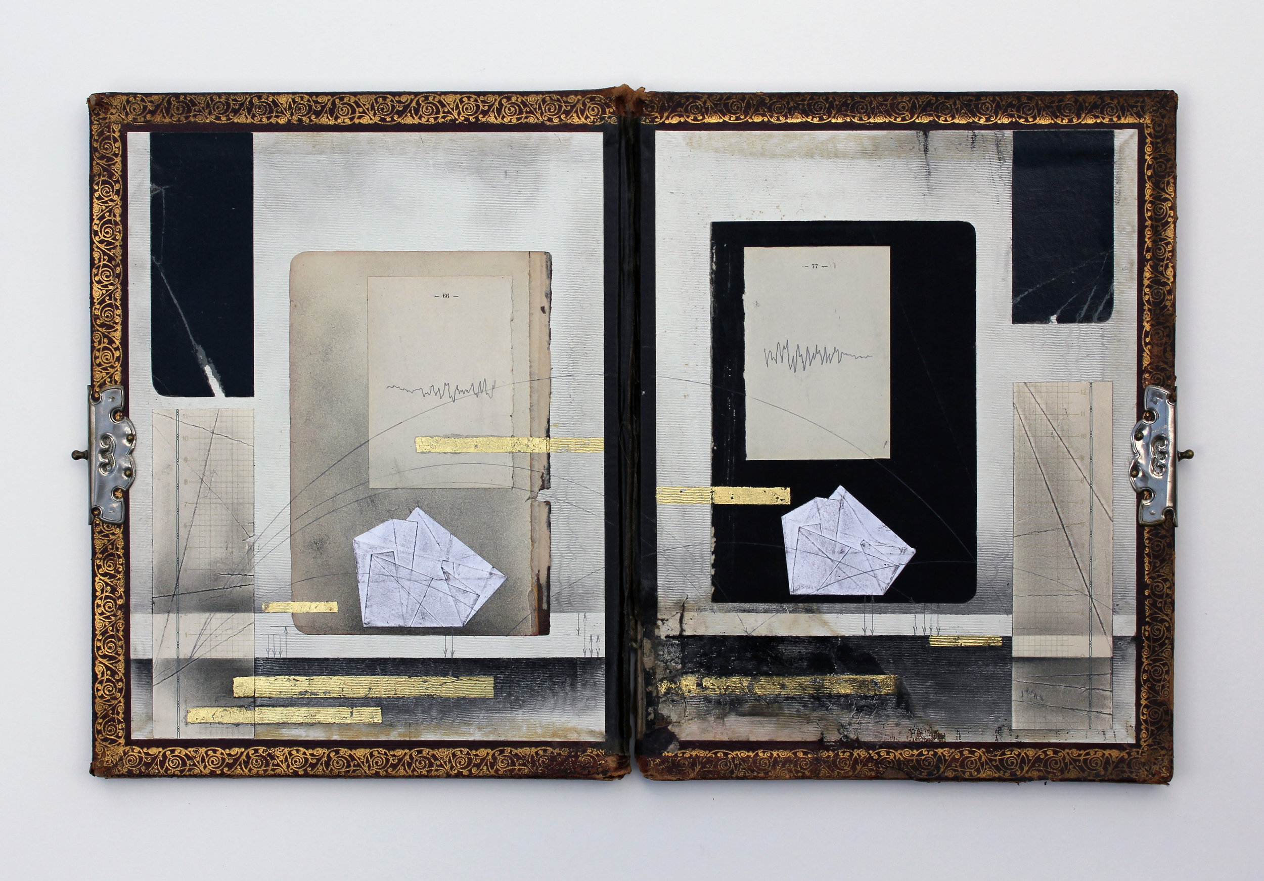 The Book of Ice and Hope, antique book cover, vintage paper, charcoal, graphite, and gold leaf, 18.5 x 11.5 inches, 2016.