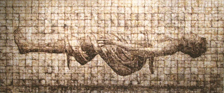 Lazarus (Self-portrait Levitating), germinated wheat, earth, paper, thread, beeswax on board, 90.5 x 34 inches, 2003.
