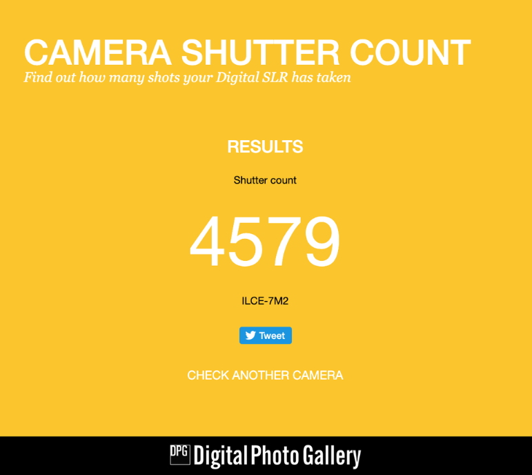 Screenshot of Camera Shutter Count website results showing 4,579 clicks for a Sony ILCE-7M2 (Alpha 7 II) camera.