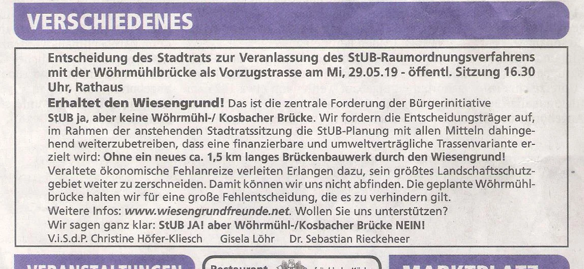 Zeitungsanzeige in den Erlanger Nachrichten zur Stadtratsitzung am 29. Mai 2019 
