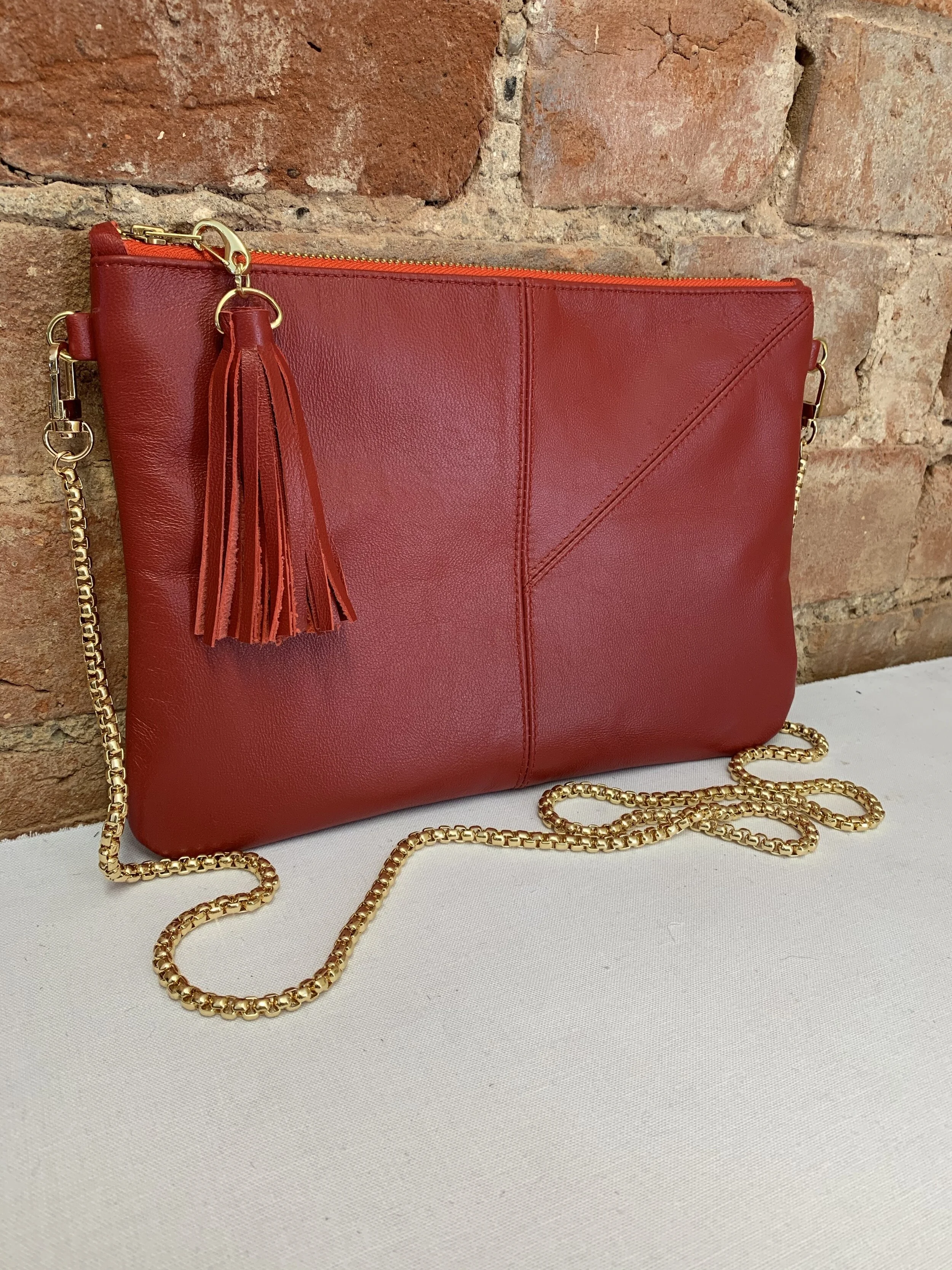 Flat Rich Red Leather Clutch bag with chain