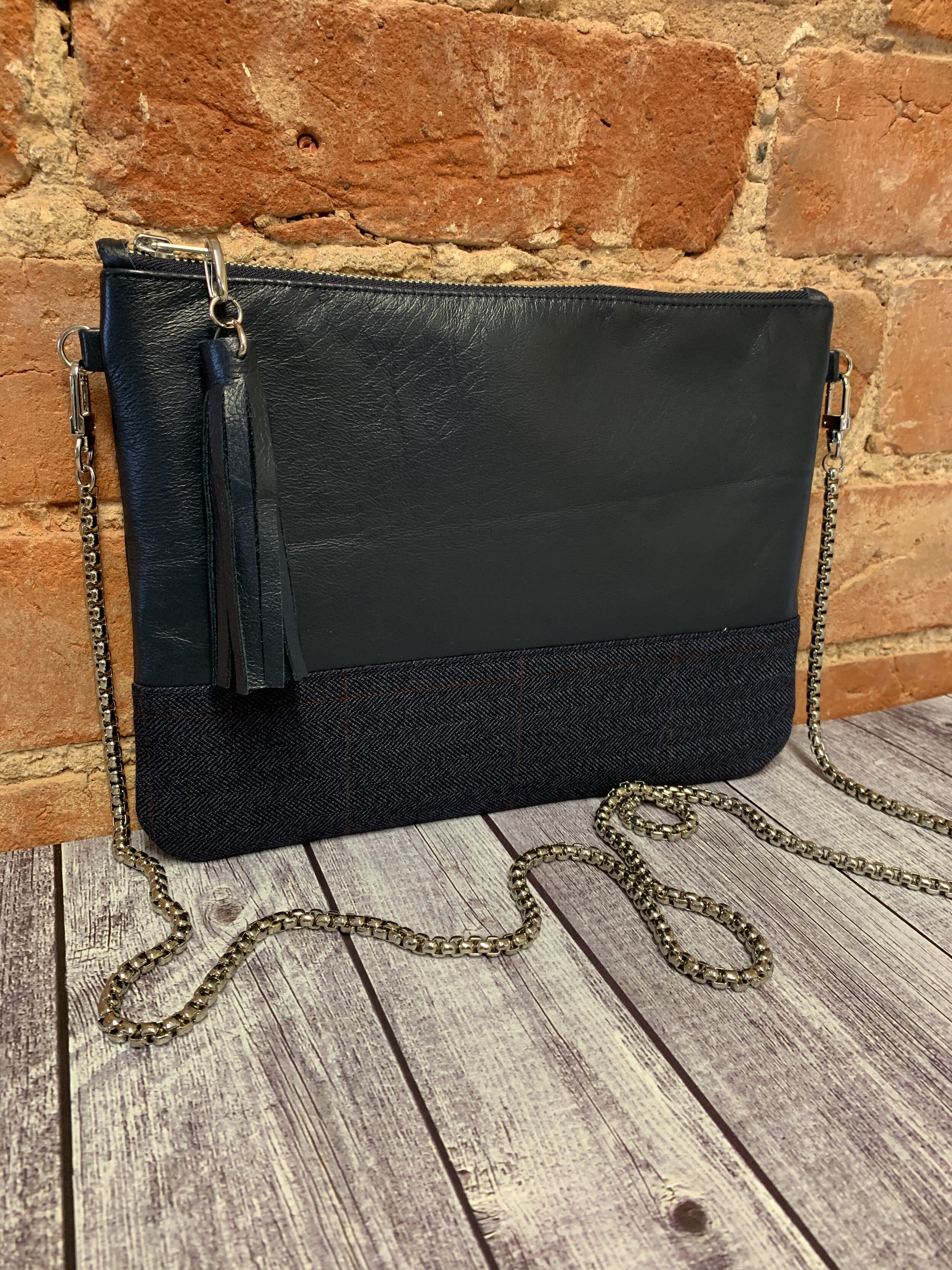 Navy with burgundy check tweed and navy leather panelled clutch