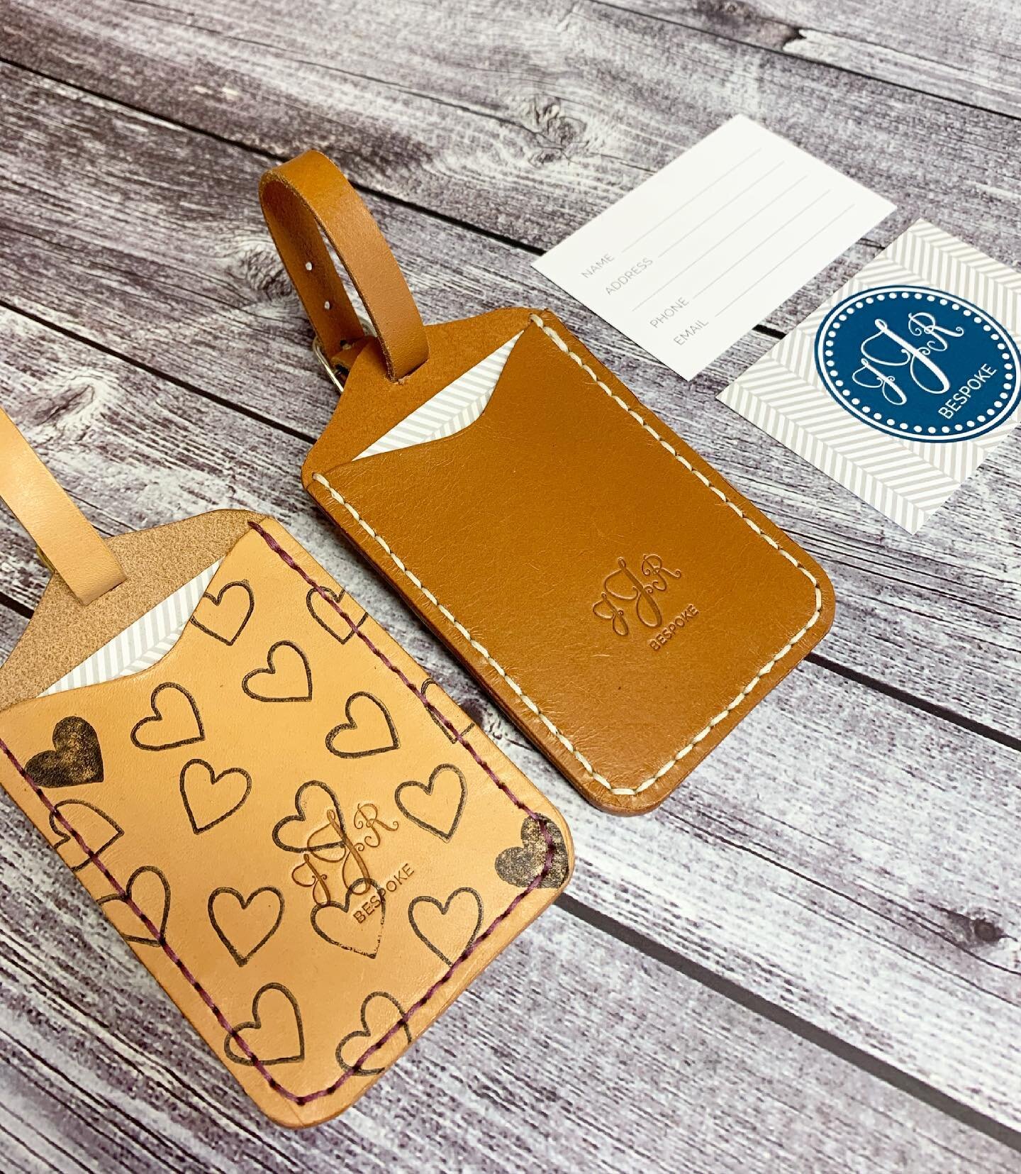 Guyssss! I have two luggage tags made up and ready to go on an adventure! 

1x natural veg tan leather with limited edition heart print with purple stitching and gold hardware.

1x Tan brown veg tan leather with cream stitching and silver hardware. 

