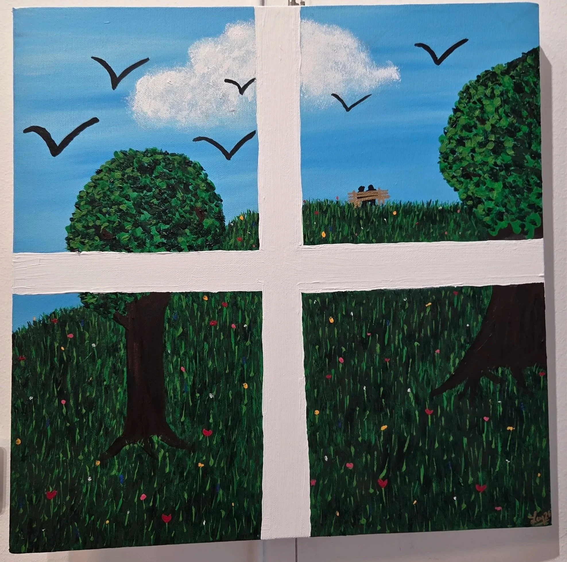 window with a view on a park and lovers on a bench 
2026
 

 I wanted to add curtains around the painting   gouache on canvas  Léa Nasnas - Ley 2005  40 x40 cm 

