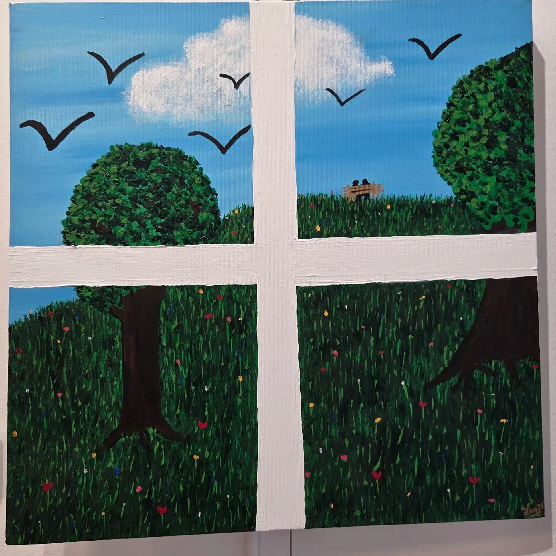 window with a view on a park and lovers on a bench 2026

I wanted to add curtains around the painting

gouache on canvas

Léa Nasnas - Ley 2005

40 x40 cm