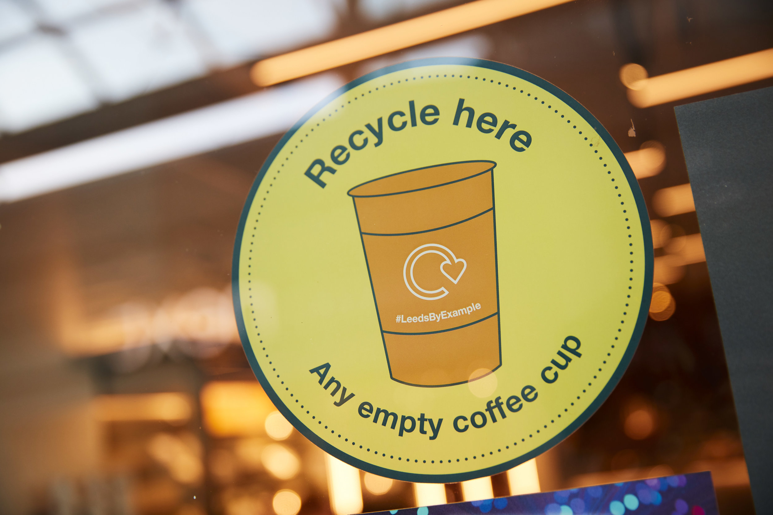 Choose to Reuse/Take a reusable bag, bottle, or coffee cup when your out — it saves waste and money.  When you can’t reuse, use the yellow Leeds by Example bins for cans, bottles, and cups instead to help Leeds move closer to a zero-waste city.##
