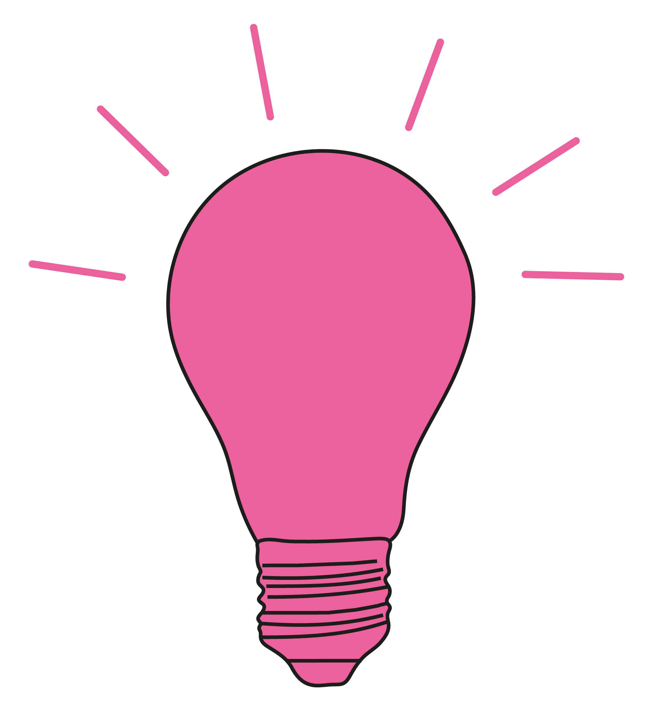 Pink light bulb illustration with rays emitting from it on a black background.