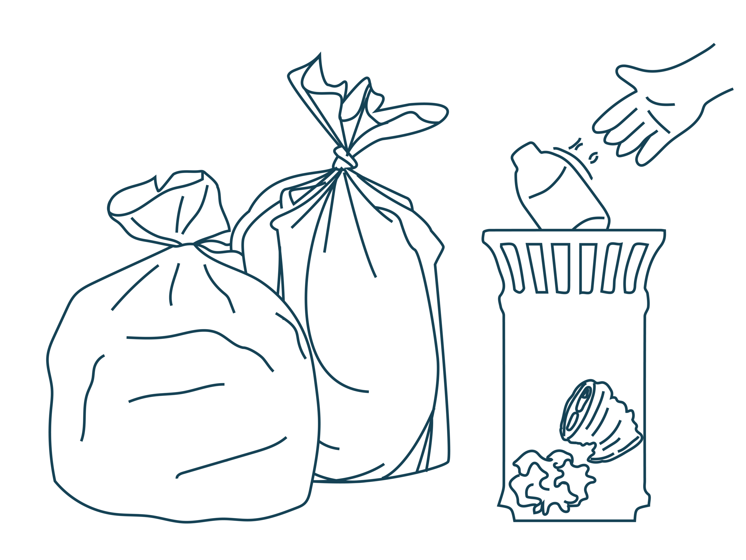 Line drawing of two garbage bags and a trash can with a hand throwing a can into the trash.