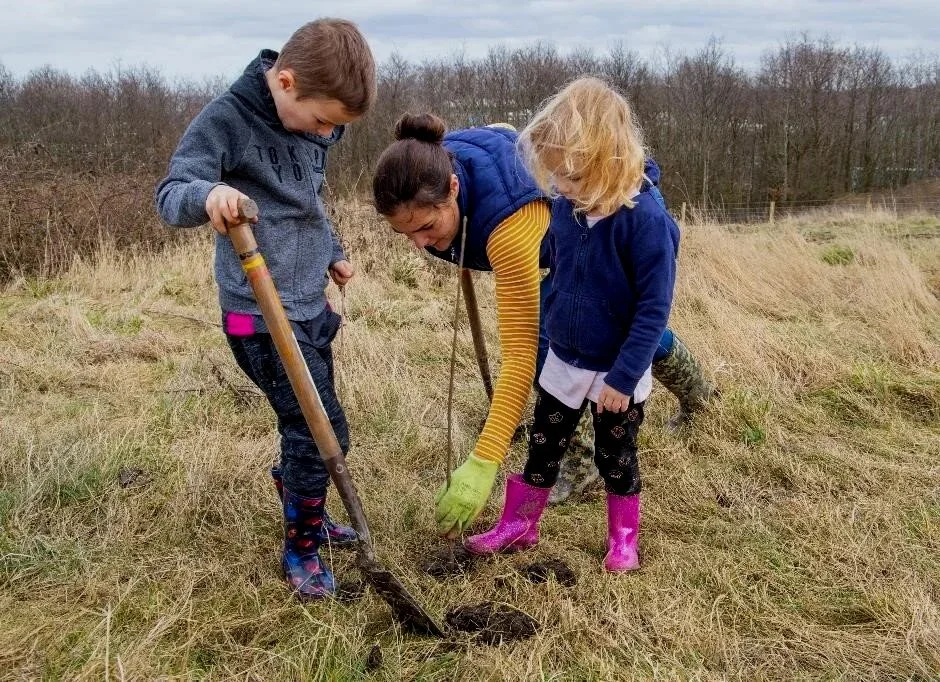 Three children planting a tree in a grassy field during cloudy weather.