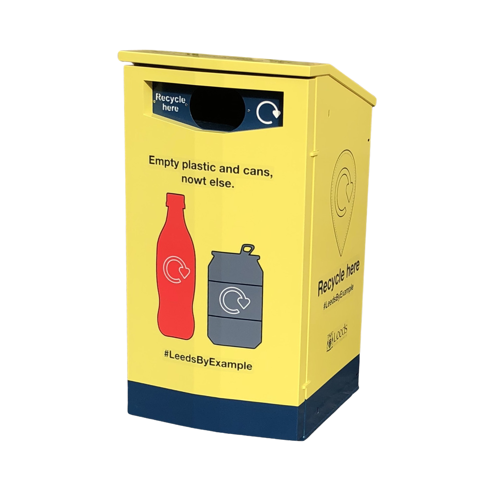 Yellow recycling container with illustrations of a plastic bottle and can, and instructions to recycle empty plastic and cans, with a hashtag #LeedsByExample.