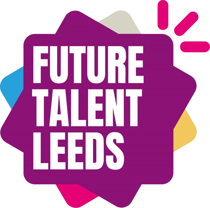 Bold purple badge with the text 'Future Talent Leeds' in white, surrounded by colorful geometric shapes and lines.