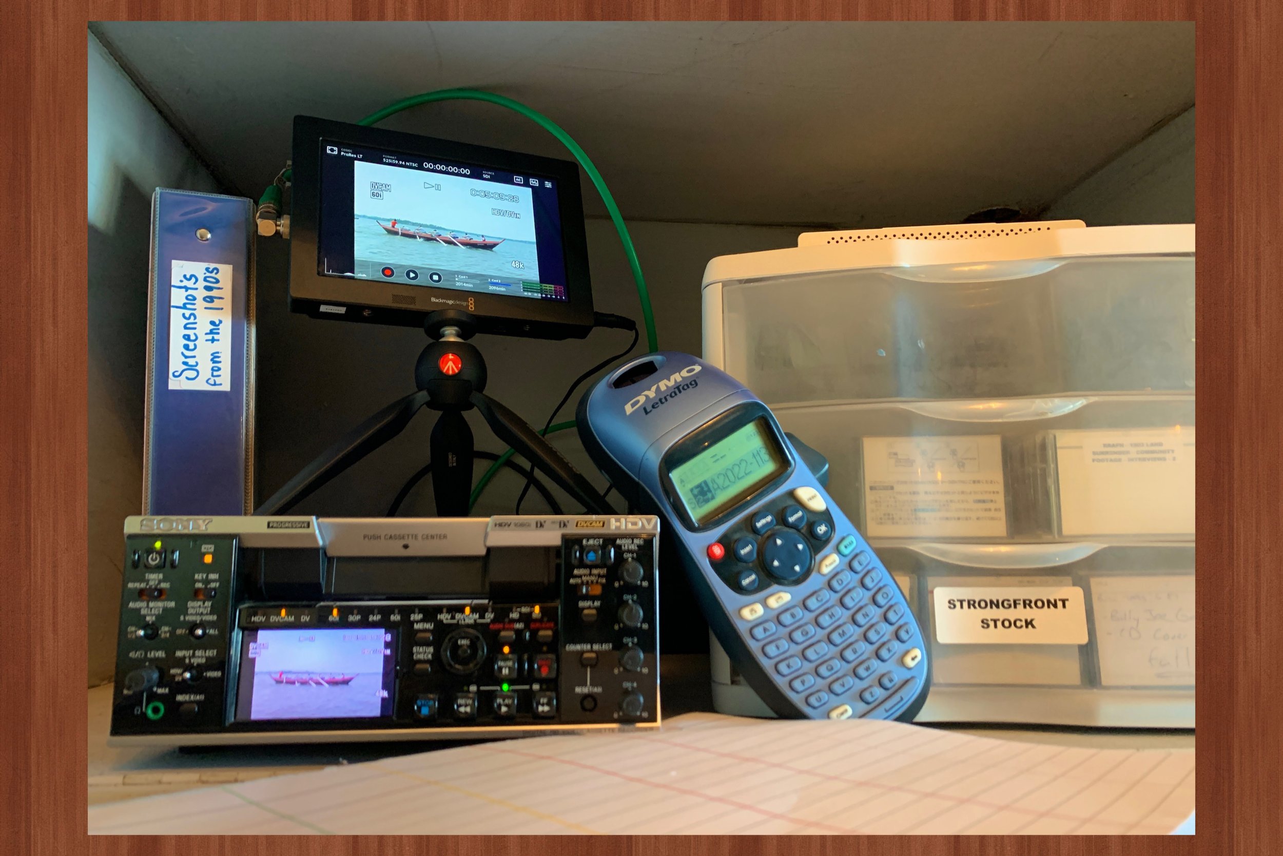  Our small but mighty setup for  Screenshots of the 90’s !    The HDV tape deck was a Cadillac in the day and is now an asset for viewing and digitization.  It has played back hundreds of hours of Mini DV tapes for our video heritage project.&nbsp; 